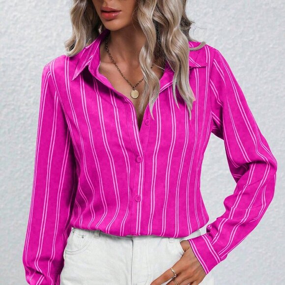 Hot Pink Casual Women's Striped Long Sleeve Shirt - Picture 4 of 6